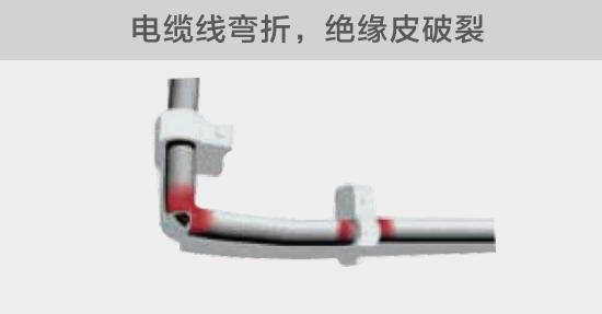 在安裝過程中，由于電線的彎曲半徑過小，或是線夾過緊，導致線纜絕緣皮破裂，產生電弧隱患